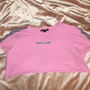 bbg pink crop top, checkered print along sleeves